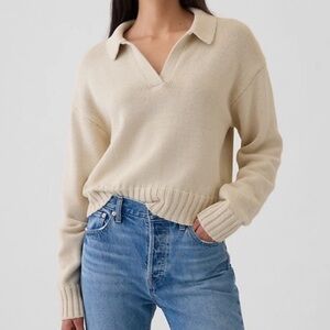 Cropped Knit Polo Pullover Sweater in a neutral beige